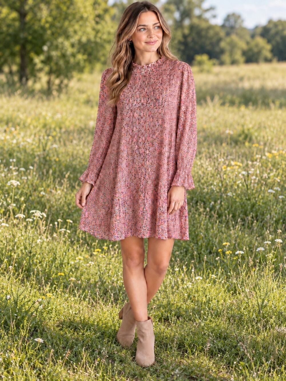 Code*mode Pink Paisley Pleated Long Sleeve Mini Dress Boho Cottagecore sz L $120